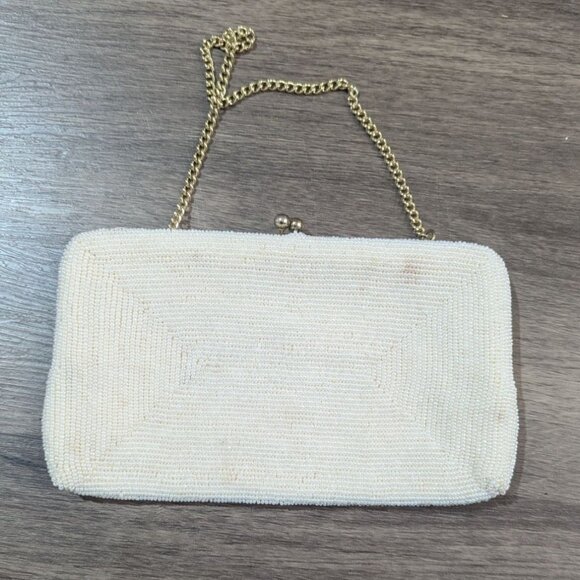 Vintage Walborg Beaded cream Evening Bag Purse Made In Japan Gold Chain strap - Picture 3 of 8